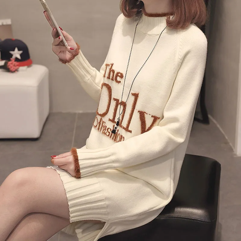 Mid-length Autumn Women Letter embroidery Knit Sweater Pullover Half Turtleneck Long Sleeve Irregular Hem Warm Jumper Sweater