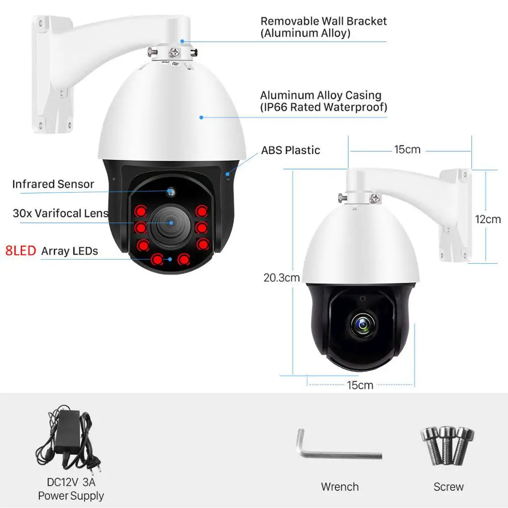 Imagem -02 - Câmeras de Vigilância por Vídeo Intempéries ao ar Livre Mini Câmera Dome 1080p Ahd Ptz Câmera 2mp 30x Zoom ir 60m 8led Cctv Segurança Ahd