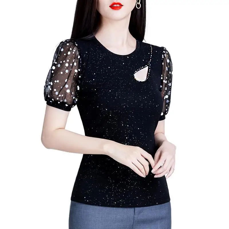 Frauen Frühling Sommer Stil Tees frauen Elegante O-ansatz Aushöhlen Polka Dot Kurzarm Elegante Casual Tops SP1202