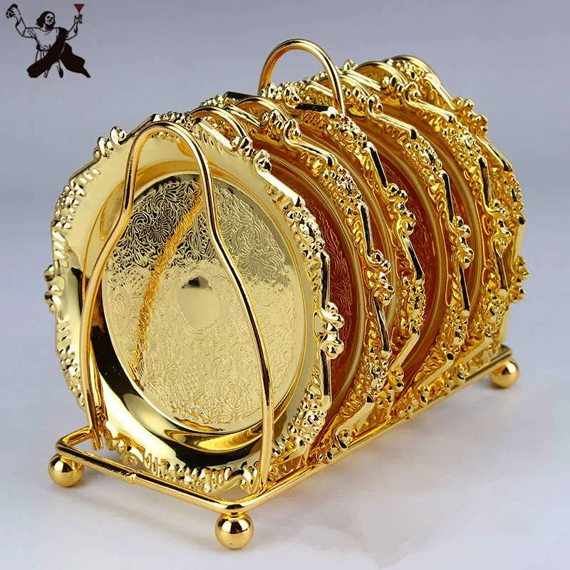 

6pcs mat + 1pcs holder Wood Coasters Table Cup Mat Kitchen Mat Pad For Bar Cocktail For Table Black Water Proof Stainle Bar Tool