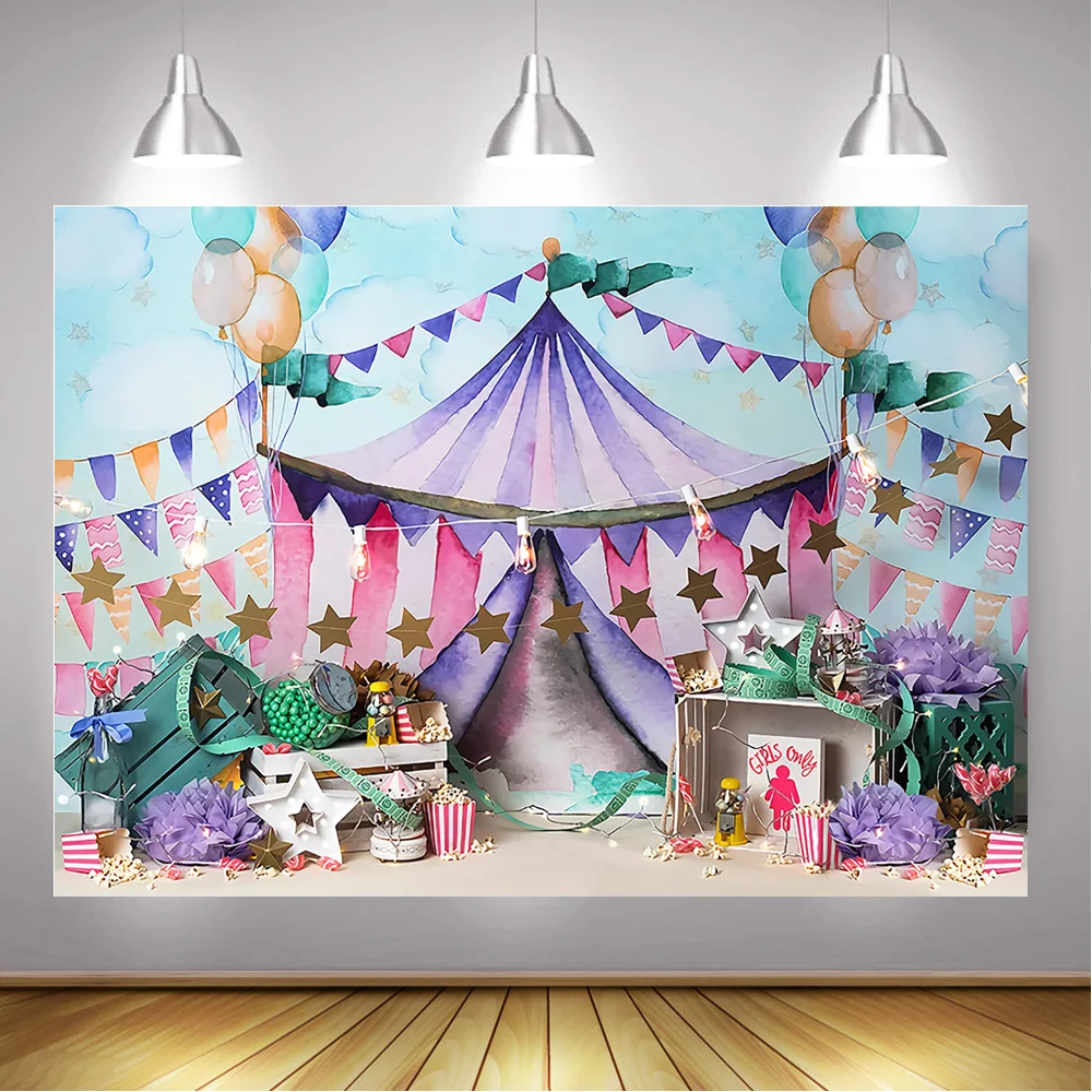 Circus Carnival Birthday Backdrop Photocall Painting Sky Tent Sweet Children Portrait Background Photography Balloons Star Cloud