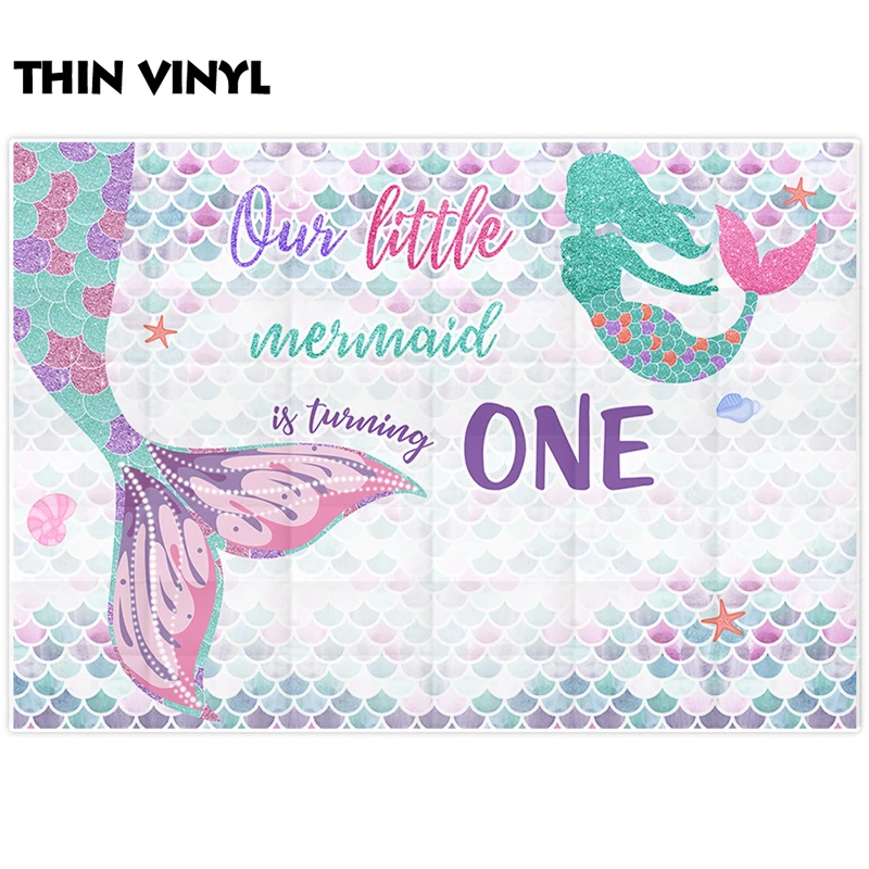 Allenjoy – arrière-plan en vinyle pour photographie de 1er anniversaire, queue de sirène, paillettes, étoile de mer, fête, studio photo
