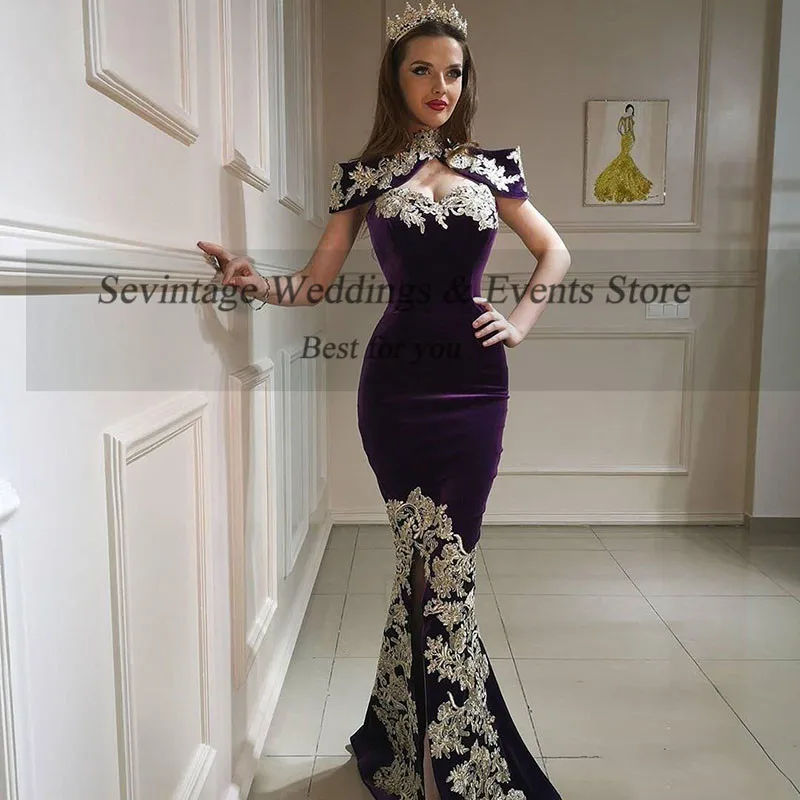 Customized High Neck Mermaid 3 Pieces Evening Dress Overskirt Velour Gold Lace Formal Dress vestido de noiva Algerian Outfit