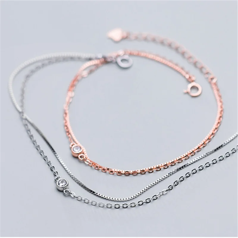 WOOZU Real 925 Sterling Silver Double Rose Gold White CZ Zircon Chain Bracelets For Women Wedding Simple Birthday Jewelry Gift