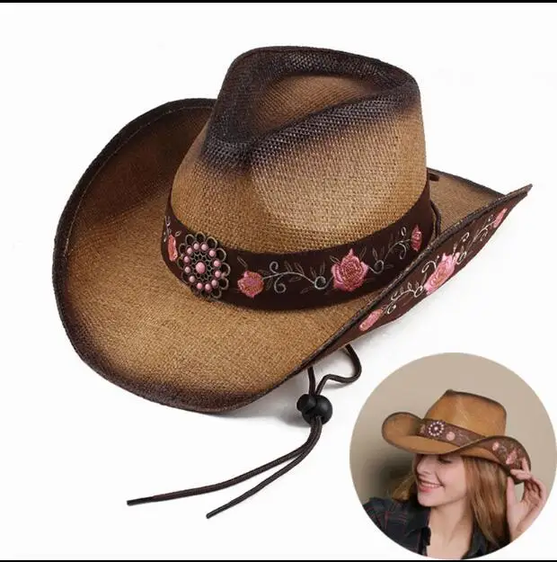 Cowboy Hat Western Sun Big Brim Cap Embroidery Vintage Women Flower Summer