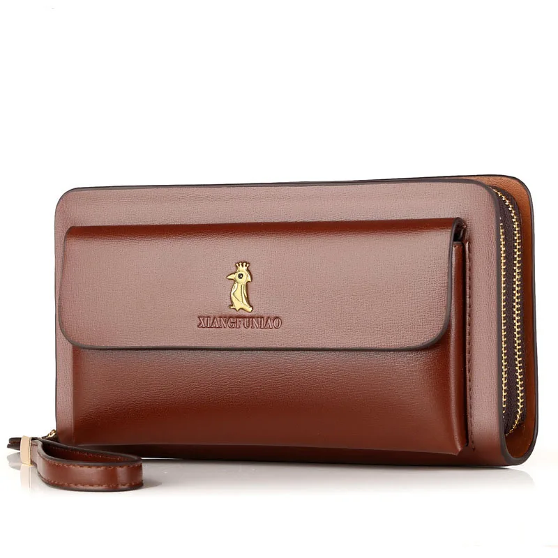 กระเป๋าสตางค์ผู้ชายซิปคู่ย้อนยุคหรูหรากระเป๋าคลัทช์กระเป๋าสตางค์หนังออแกไนเซอร์ความจุขนาดใหญ่ปกหนังสือเดินทางชายพอร์ทฟูย์ ฮอมม์