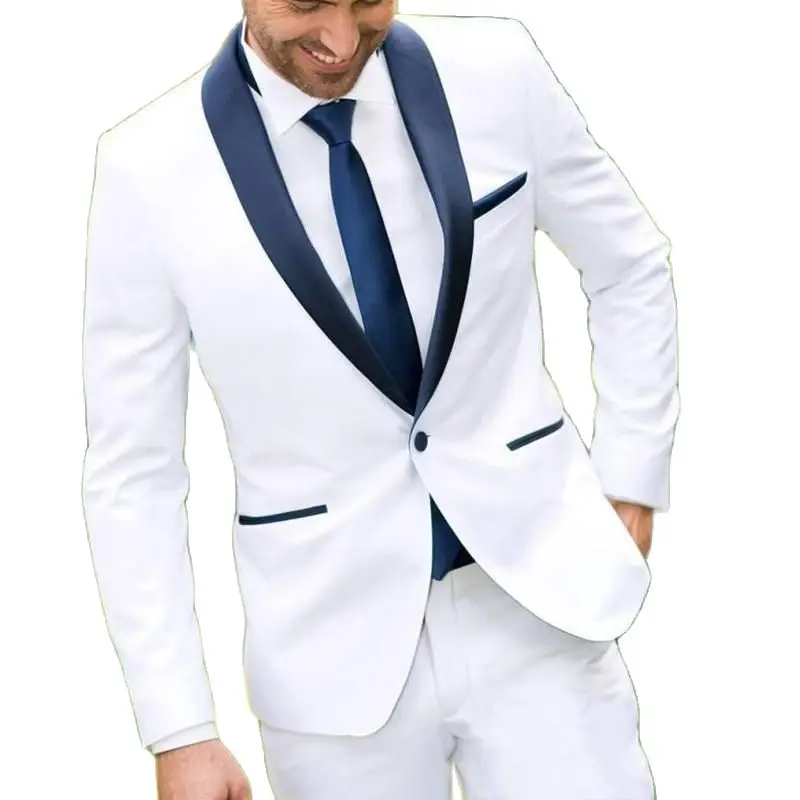 

2023 White Mens Suit with Navy Shawl Lapel Groomsman Suit Blazer+Pants Custom Made Groom Tuxedo Best Man Suit for Wedding