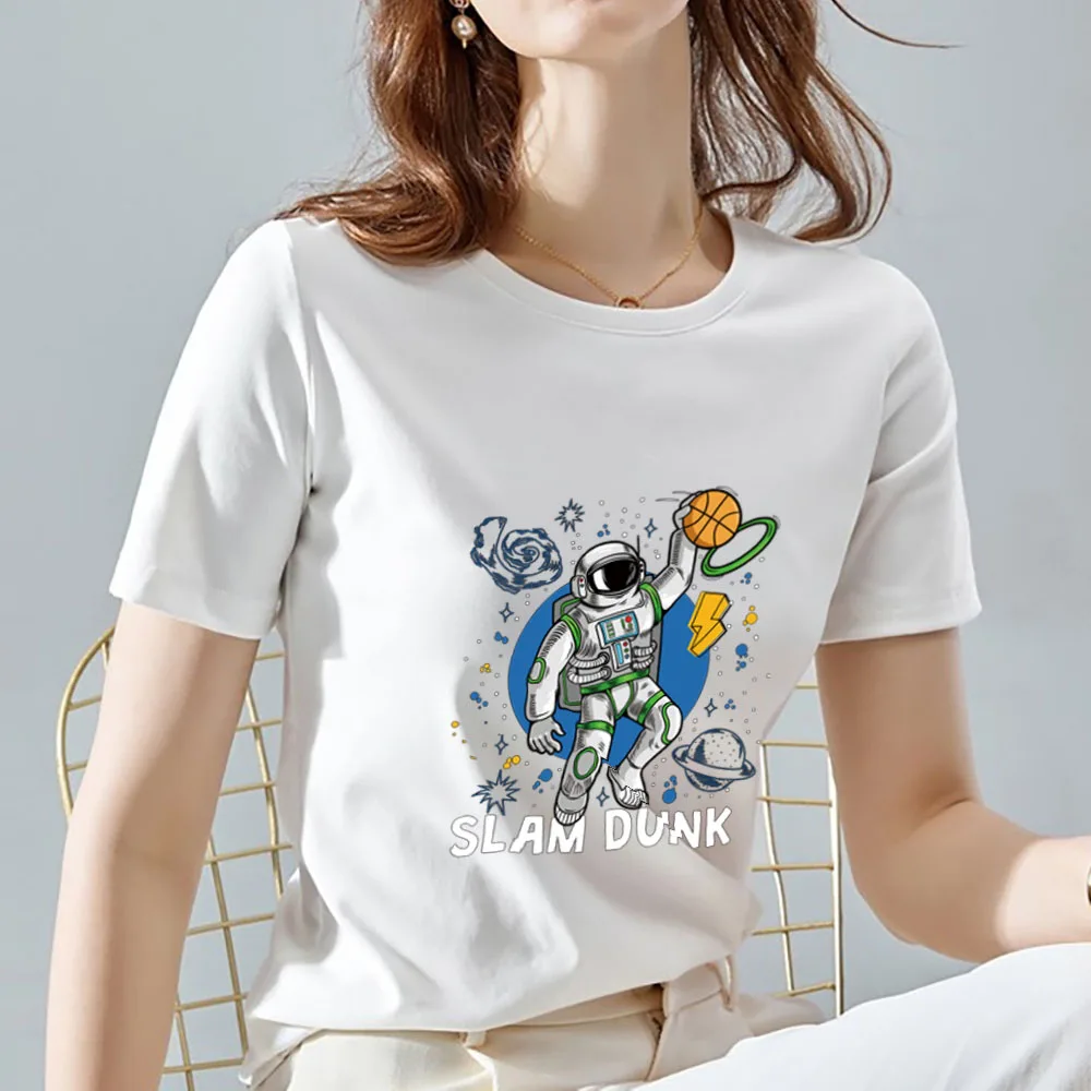 

Summer Breathable Women's T-shirt Slim Simple Cute White Top Dream Spaceman Casual Young Women Wild Round Neck Ladies Shirt