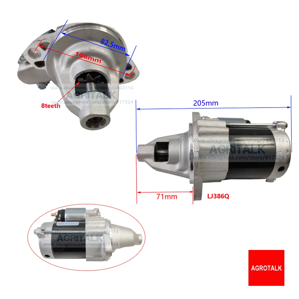 the starter motor engine LJ276MT-2/LJ368Q, please choose the one according to the dimenssions, part number: