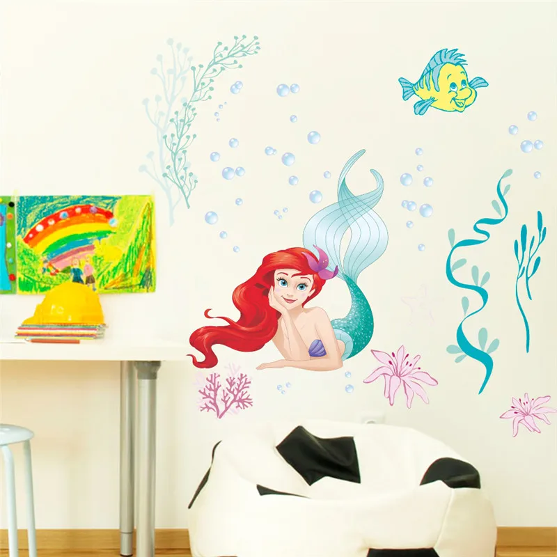 Cartoon princess Mermaid Ariel Princess  Fish Bubble Wall Stickers For Kids Room Home Decoration Diy Mural Art Girls Wall Decals