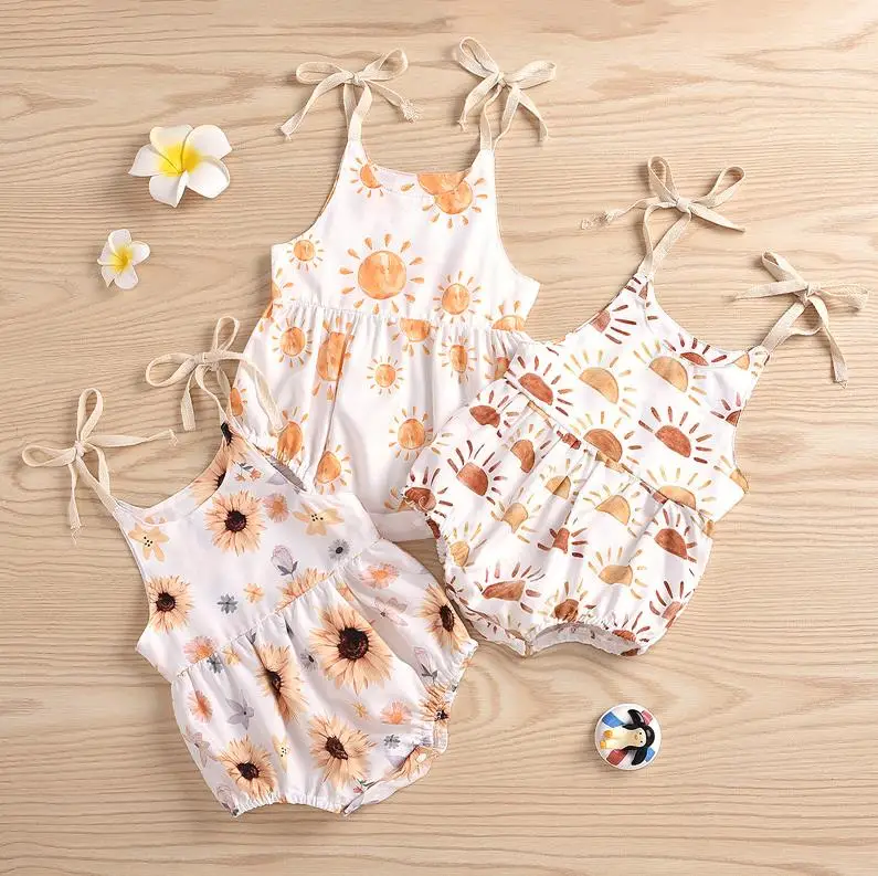 2024 Summer Newborn Baby Girls Fashion Sun/Sunflower Print Bodysuits Stylish Sleeveless Romper for Kids Girls