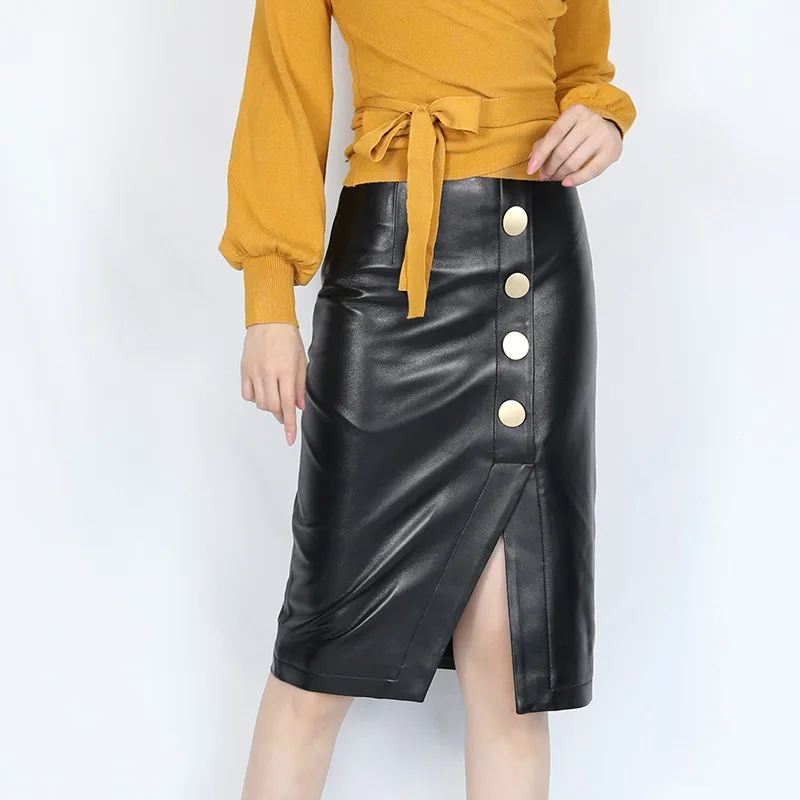 Faldas Mujer Moda 2022 Winter Womens Genuine Leather Simple Golden Buttons Midi Long Skirt Femme Slit Jupe Black/White Saias