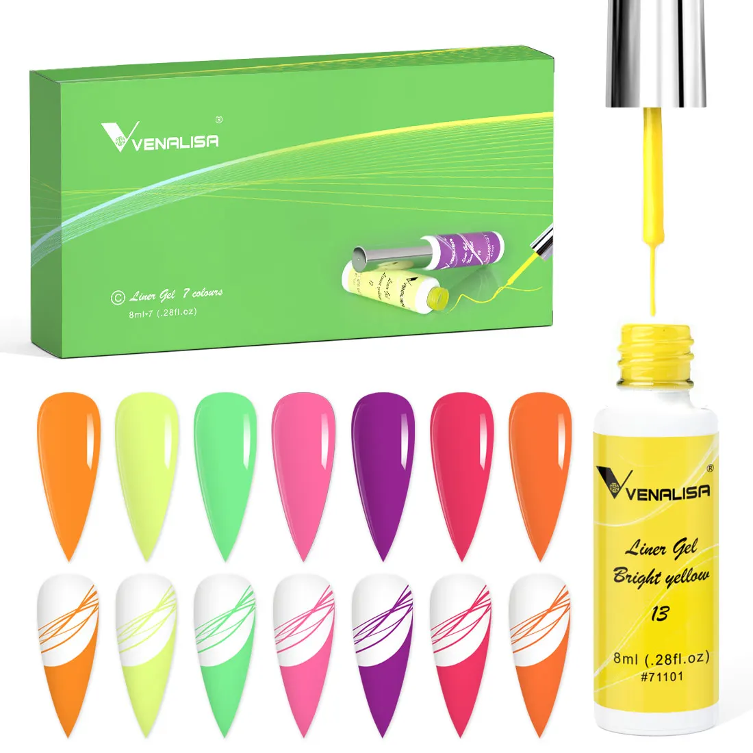 7 farbe Kit Venalisa Liner Gel 8ml Französisch Gel Nagel Farbe Gel Polish UV LED Malerei Gel Nail art design Wunderschöne Glitter Farbe – Detail 13