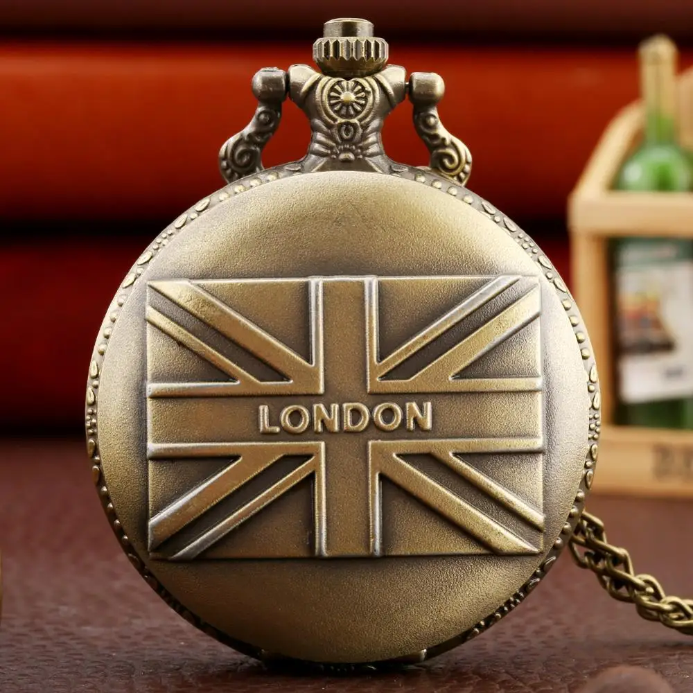 Retro UK Flag Display Bronze LONDON British Flag Pattern donna uomo orologio da tasca al quarzo catene Vintage orologi Masculino Gifts