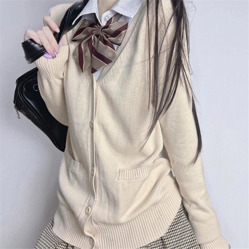 Suéter de punto de estilo japonés para estudiantes, abrigo de algodón con bolsillo, cárdigan de Color sólido, uniforme JK Sexy, dulce, 5XL