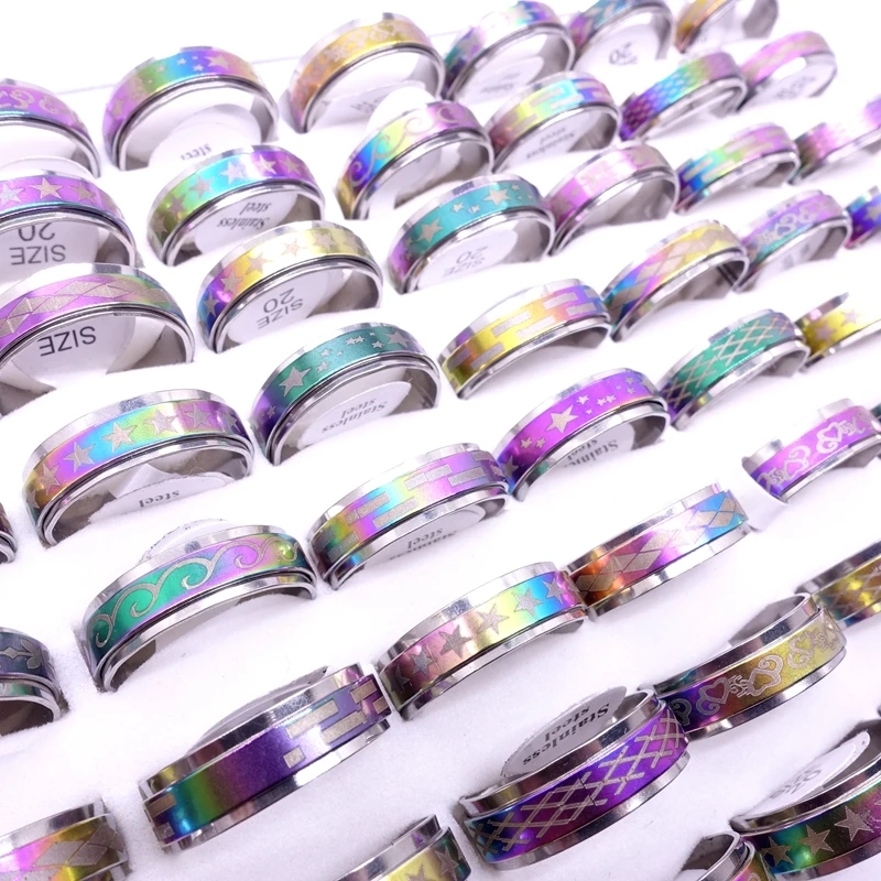 Wholesale 50pcs/Lot Mens Womens Multicolor Stainless Steel Spinner Rings Fashion Jewelry Variety of Patterns Size 17-21mm