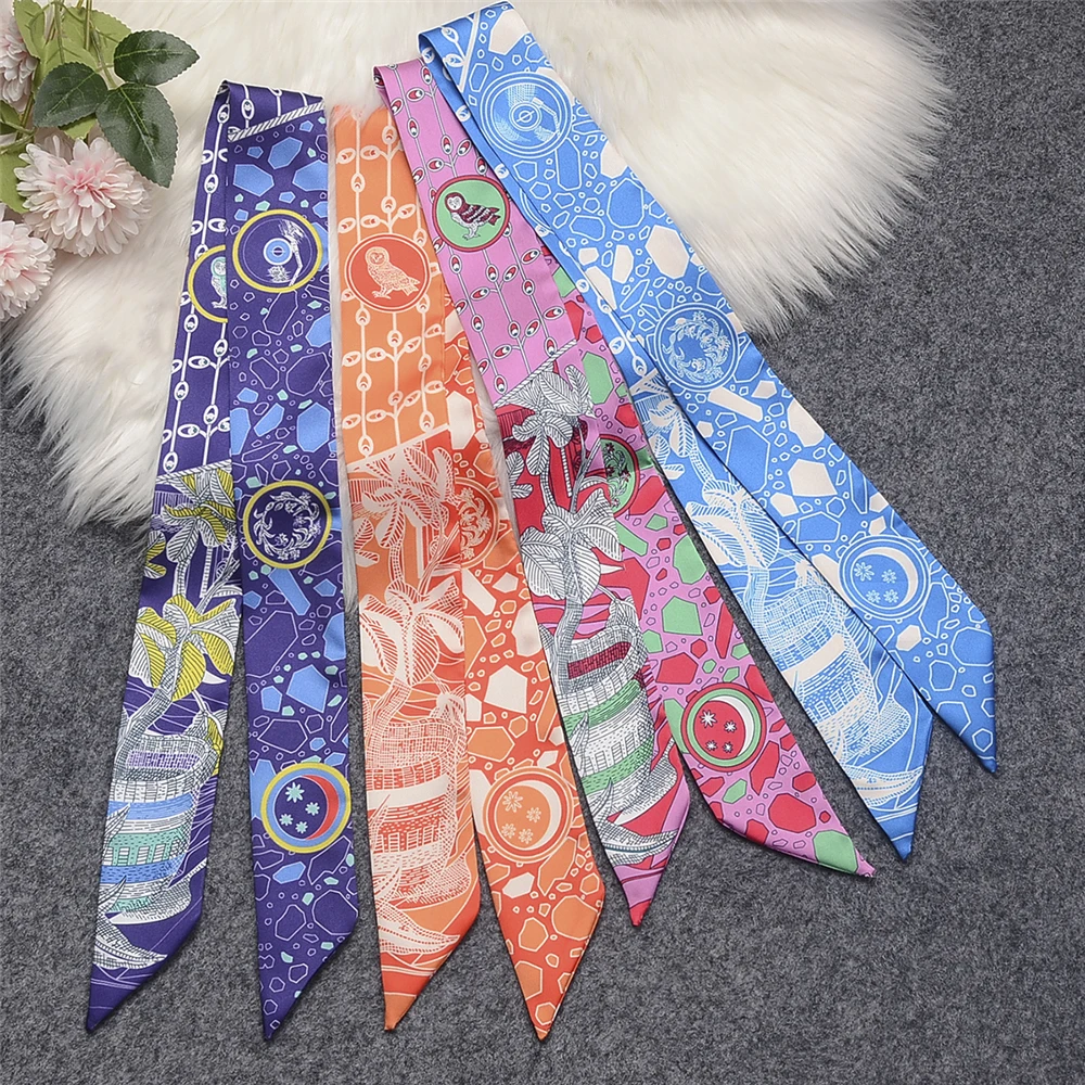 New Luxury Female Knight Owl Brand Scarf Design Women 100% Silk Scarf Fashion Headwear Skinny Bag Hair Scarves Neckerchief