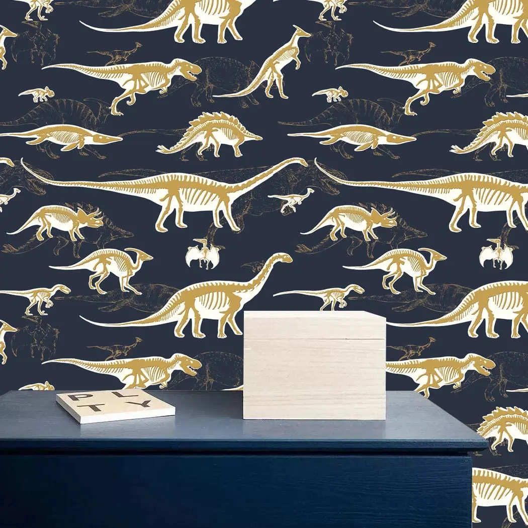 Vinyl Gold Dinosaur Peel and Stick Wallpaper Cartoons Removable Self-Adhesive Wallpaper Contact Paper for Kid Room Wall Decor