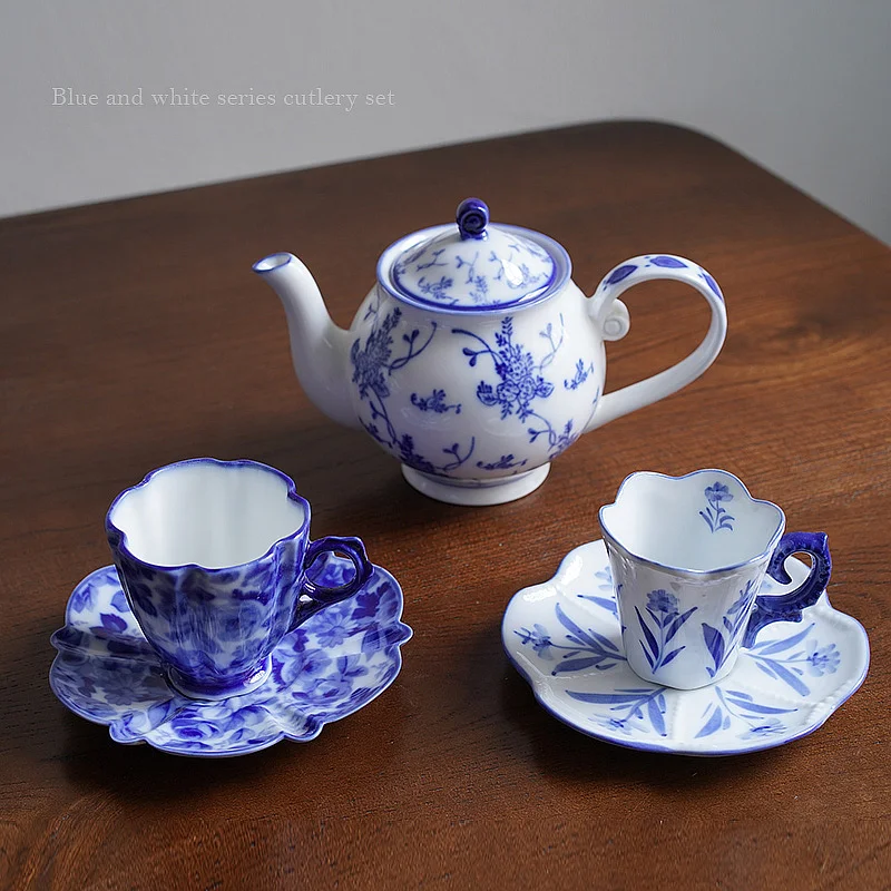 European hand painted Chinese blue and white series basket color ceramic afternoon tea set tableware plate and pot