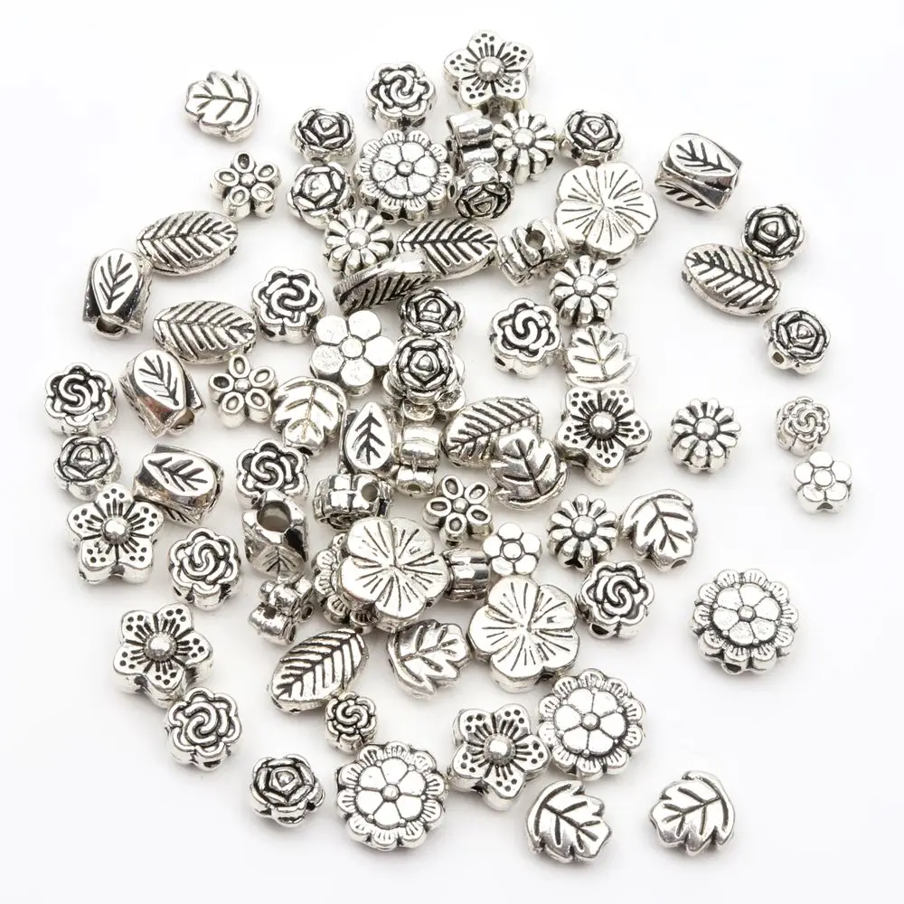 Mixed Tibetan Silver Color Flower Leaf Spacer Metal Beads for Diy Jewelry Making Bracelet Necklace Earring Accessories 50pcs