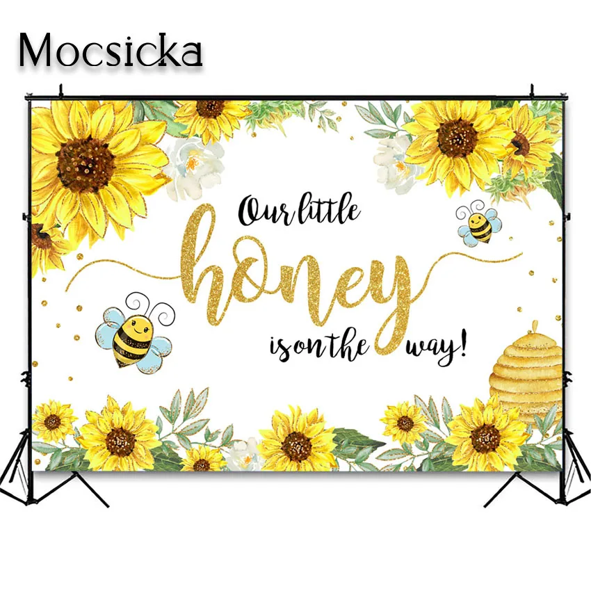 Mocsicka Bee Baby Shower Backdrop Girl Sunflower Honeycomb Bee Baby Shower Bee-Day Party Decoration Background Photoshoot