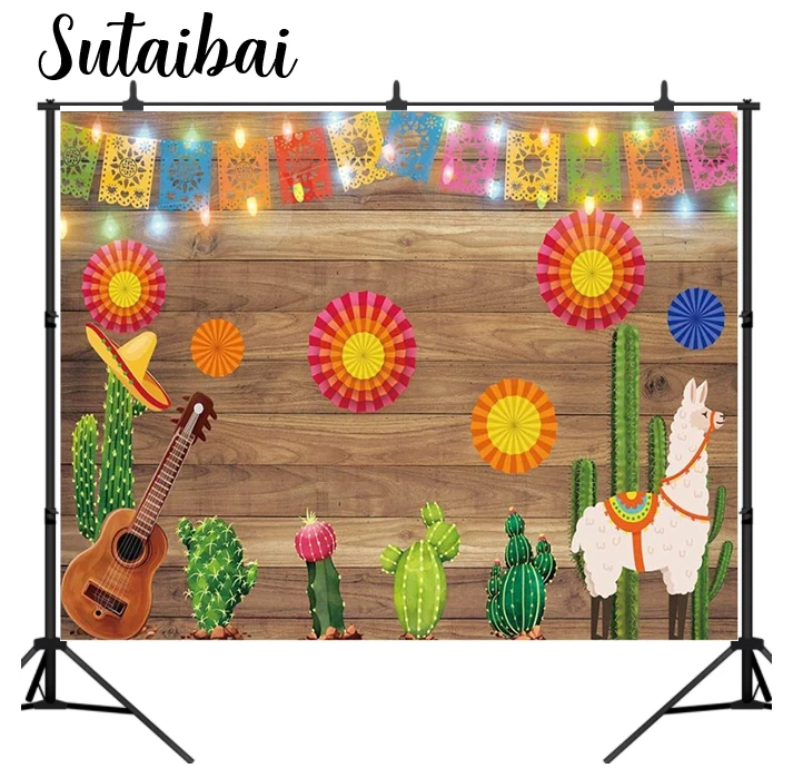 Mexican Fiesta Theme Photography Backdrop Mexico Cactus Guitar Party Background Cinco De Mayo Colorful Flags Paper Flowers