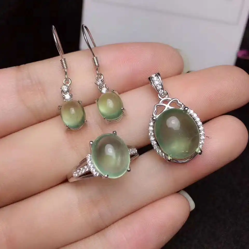 

Real Natural Prehnite jewelry set Natural Real Prehnite 925 sterling silver 1pc pendant,1pc ring,2pcs Earring