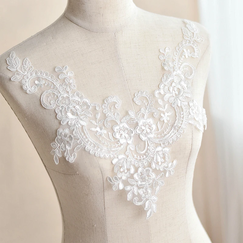 White Embroidery Sequins Flower Lace Neckline Collar Applique Sewing Lace Fabric DIY For Wedding Dress Clothing Accessories