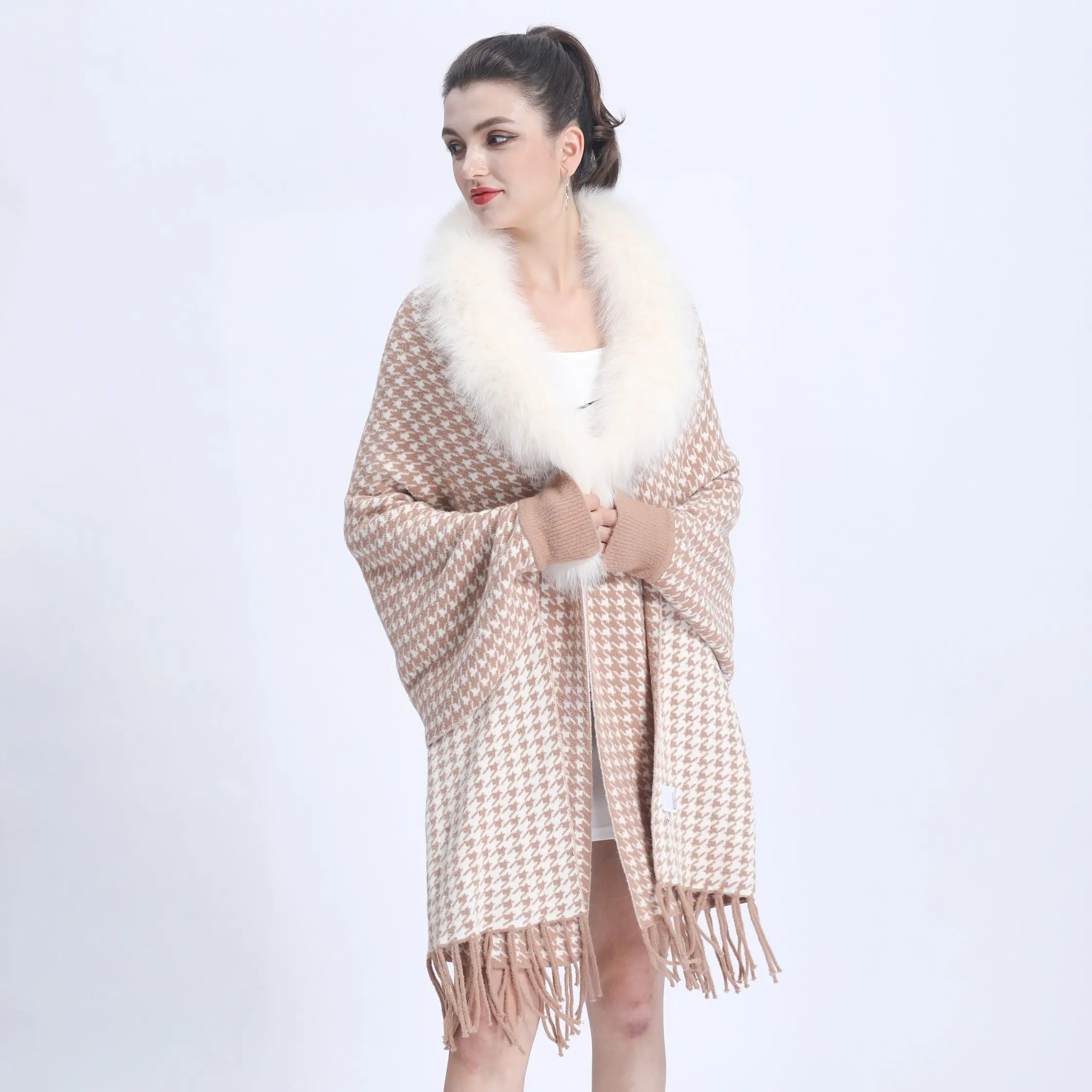 

Elegant Style Cashmere Poncho Cape Double Side Houndstooth Threaded Cuff Tassel Decoration Knitted Wool Shawl