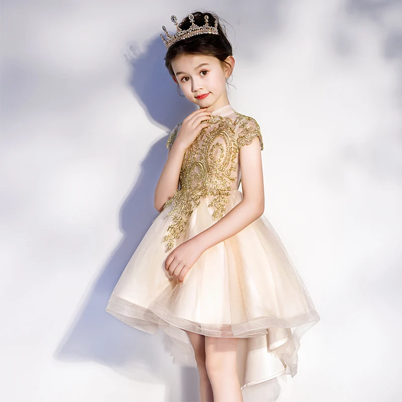 Golden Lace Girl Dresses for Weddings Red Tulle Princess Holy First Communion Gowns Kids Party Pageant Dress Banquet Ball Gown