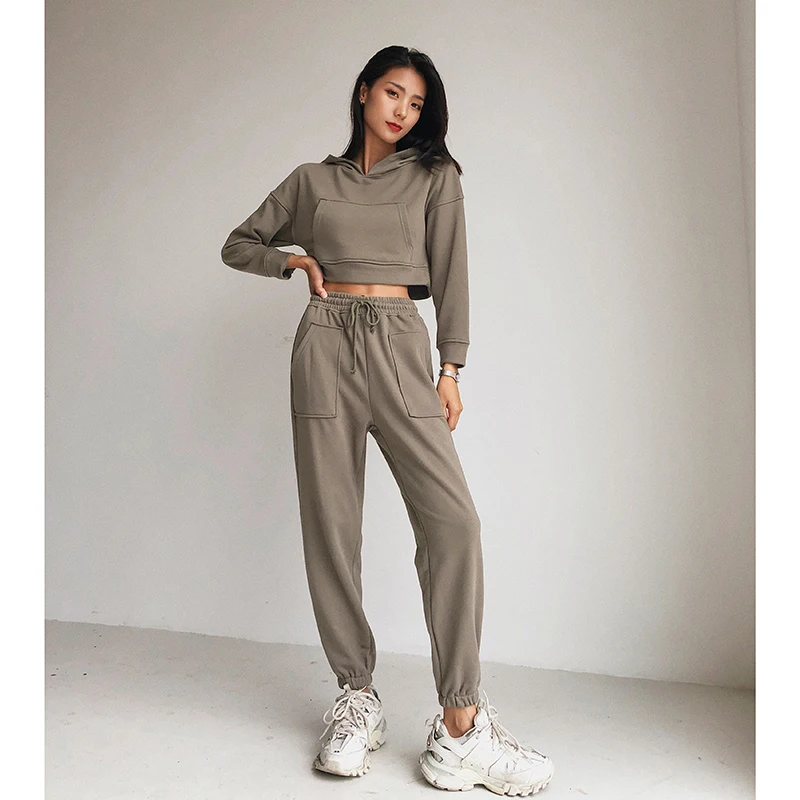 

Autumn 6 Colors Women Pants Two Piece Set Solid Joggers 2 Piece Sets Crop Hooded Sweatshirt Casual Outfits Sweatpants Tracksuit