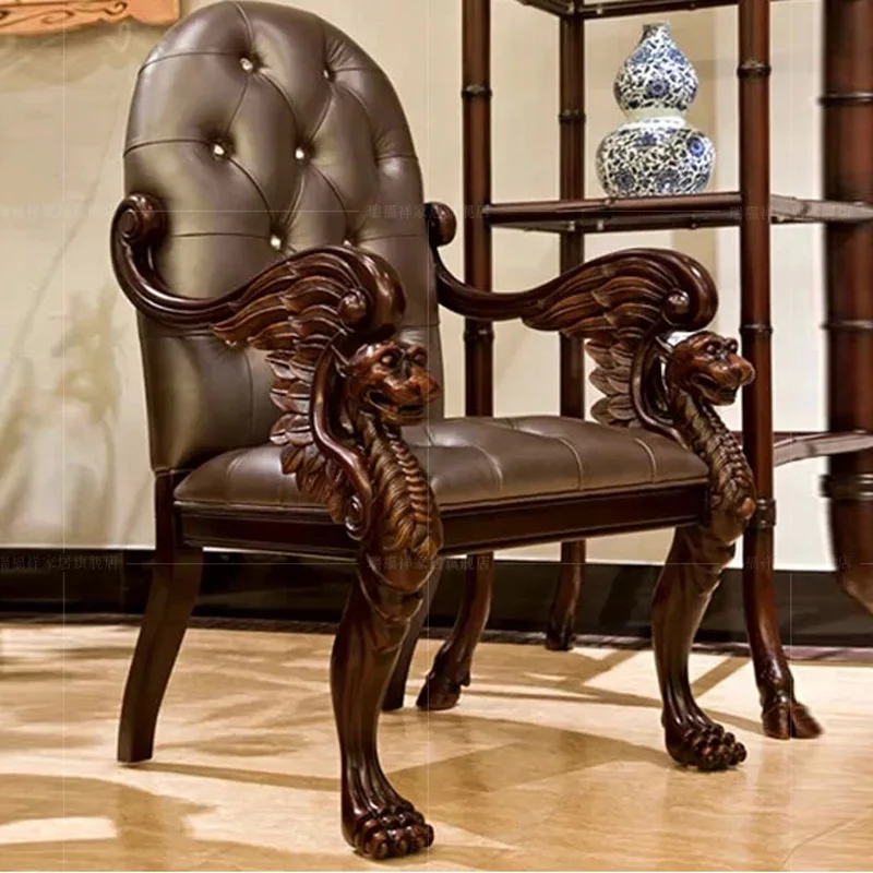 American Leather Office Chair Boss Chair European All Solid Wood Home Leisure Desk Chair Bedroom Step Stool with Fur