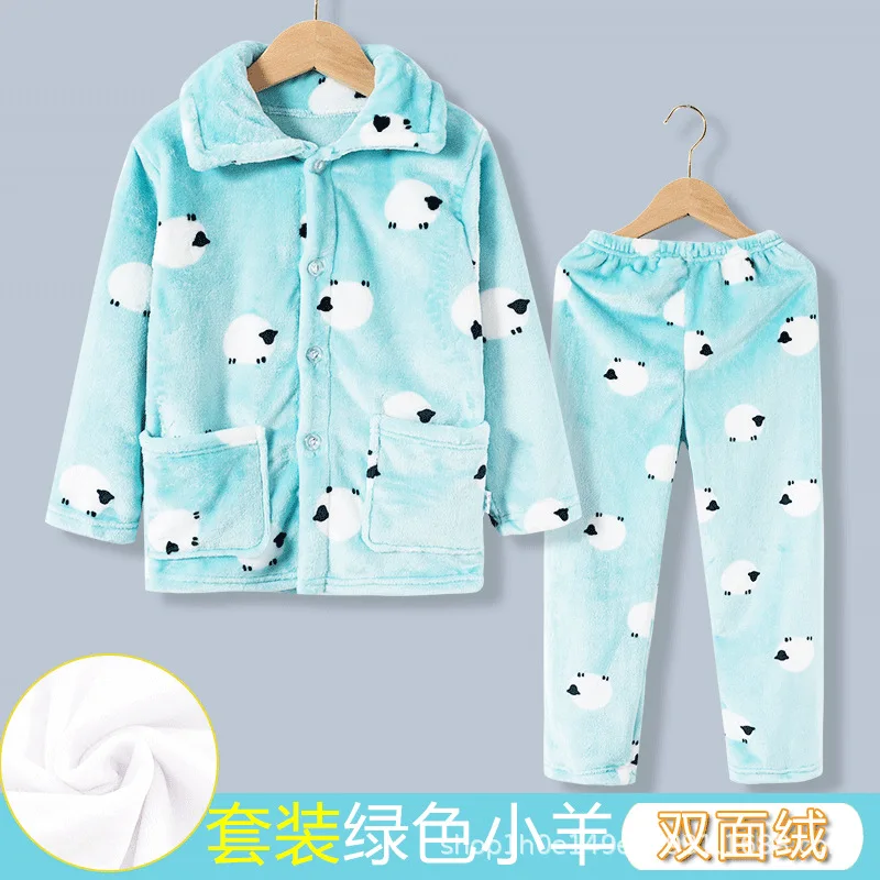 New Kids Boys Girls Autumn Winter Flannel Pajama Sets Cartoon Print Long Sleeve Lapel Tops with Pants Sleeping Clothing Sets