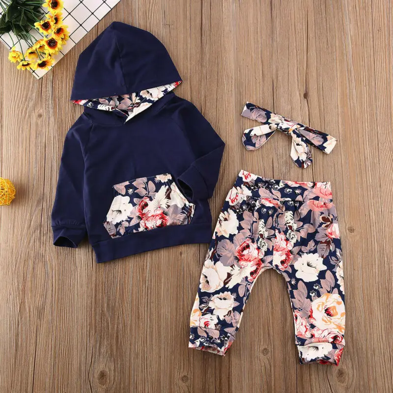 

AU Infant Baby Girls 0-24M Kids Floral Hood Tops Pants Cotton Outfit Clothes Set