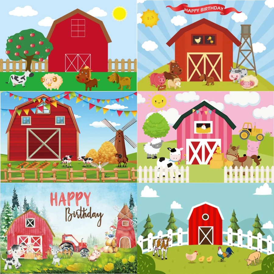 خلفية للتصوير الفوتوغرافي على شكل مزرعة ريفية كرتونية، طاحونة هوائية، سياج خشبي، لافتة خلفية لديكور حفلات أعياد الميلاد السعيدة للأطفال