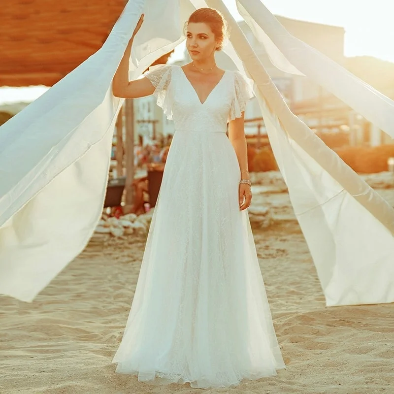 Robe de mariée bohème en dentelle pour femmes, dos ouvert, ligne A, tulle, longueur au sol, col en V, patients, robe de plage, 2024