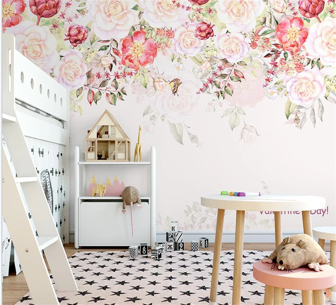 Custom bedroom wedding room decoration 3d wallpaper hand-painted Nordic pink red rose butterfly flower indoor photo wallpaper
