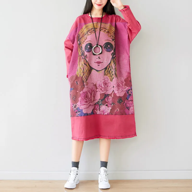 Japan style Cartoon Printed Dress Female Cute  Knitted cowboy Bat Sleeve Maxi Dress Oversized Baggy Long Dresses