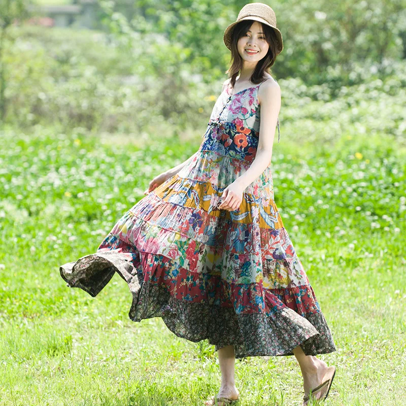 

Cotton Linen Women's Summer Dress Printing Sling Large Swing Dress Bohemian Stitching Long Dress