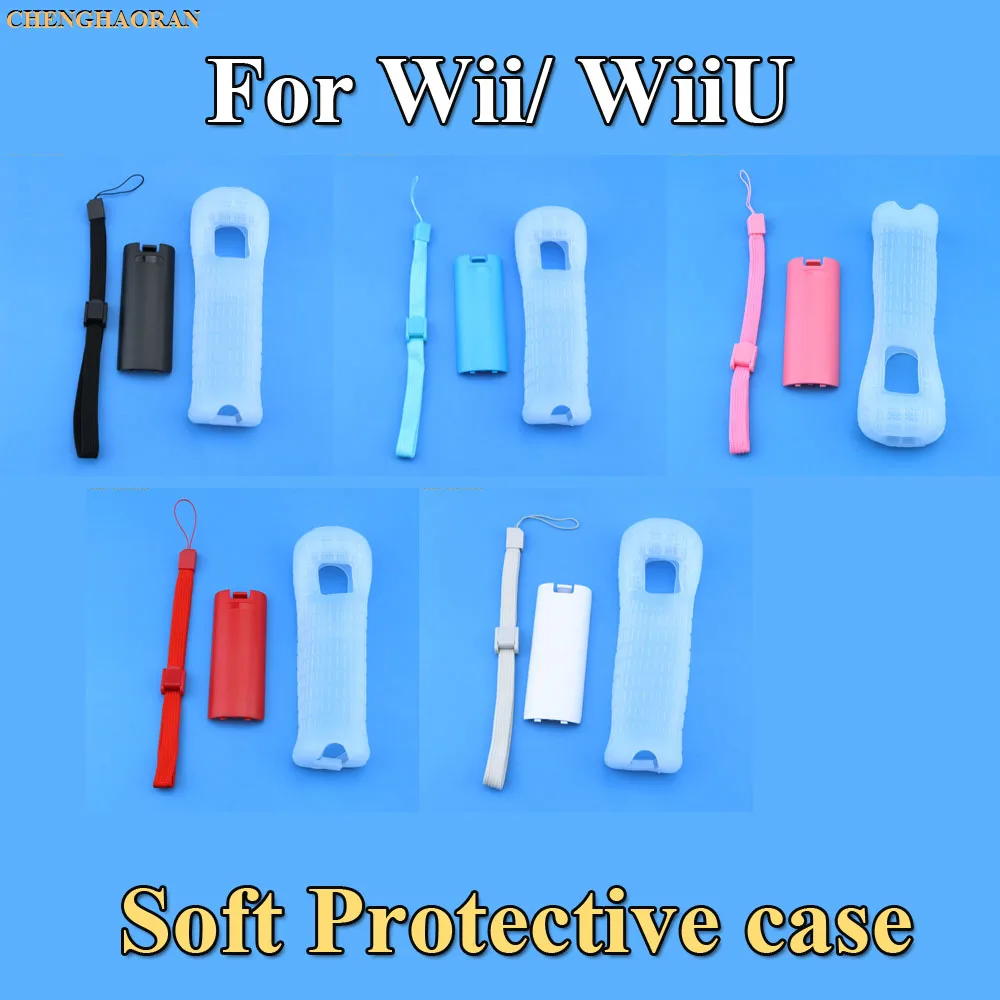 5colors Protective Silicone Cover Case + 1pc Battery Back Door Shell +1pc Hand Strap Kit Replacement for WII U Remote Controller