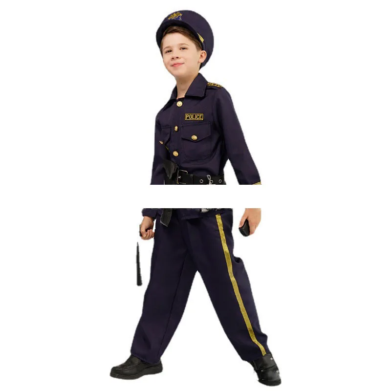 Boys Policeman Cosplay Halloween Costumes Performance Police Outfit Carnival Party Masquerade Kids Police Cloth Set Accessories