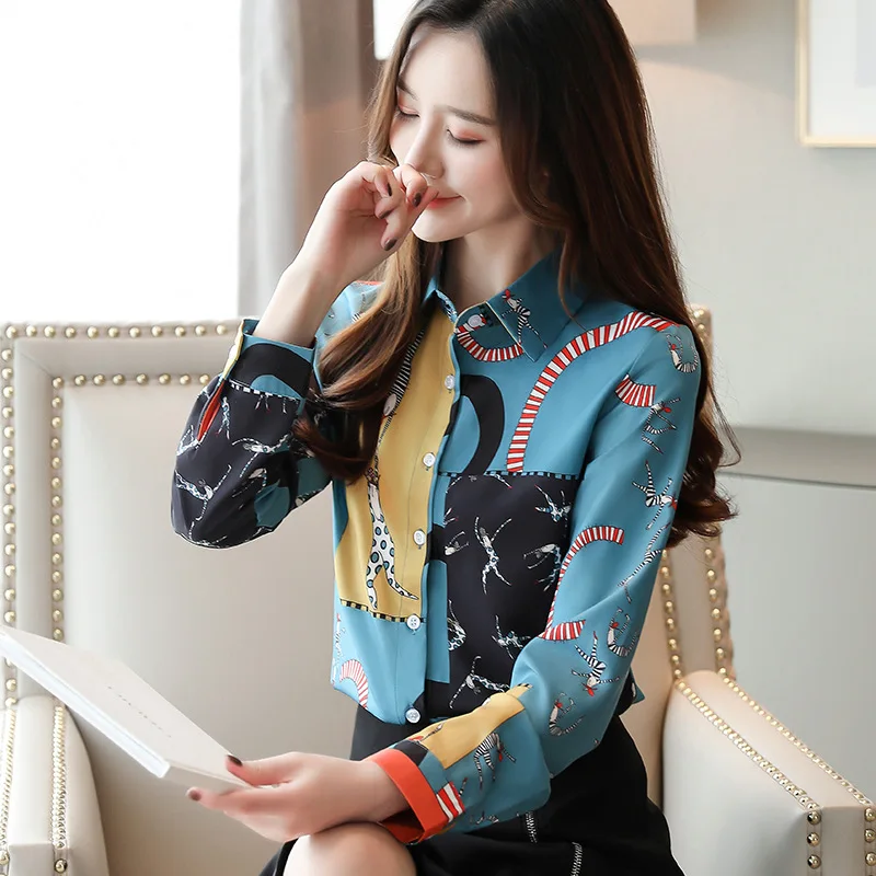 Women's Korean Blue Printing Long Sleeve Casual Shirt, Fashionable Cool and Comfortable for Girls, B023, New, 2023