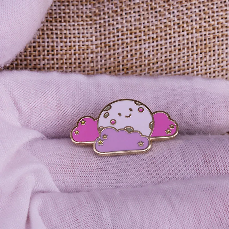 A happy moon with clouds enamel pin cartoon weather brooch