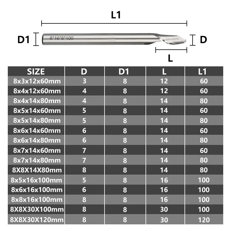 XLilHSS-Mèche de gravure à tige de 8mm pour la coupe de fenêtre en aluminium, fraise en bout à flûte unique, fraise en aluminium CNC, mèche de