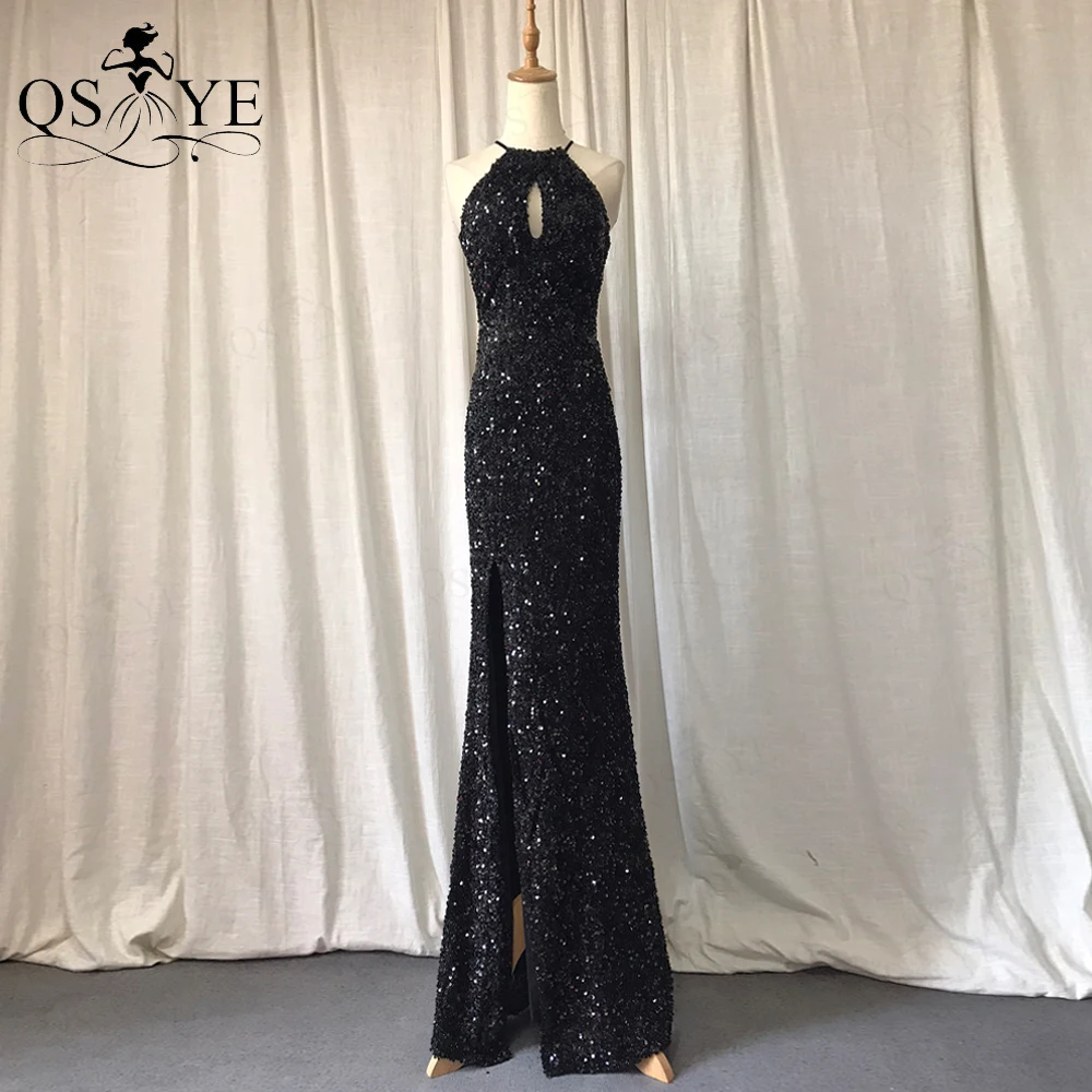 

Sparkle Black Evening Dress Sequin Fitted Mermaid Evening Gown Glitter Shiny Split Party Dress Halter Neck Formal Gown Keyhole