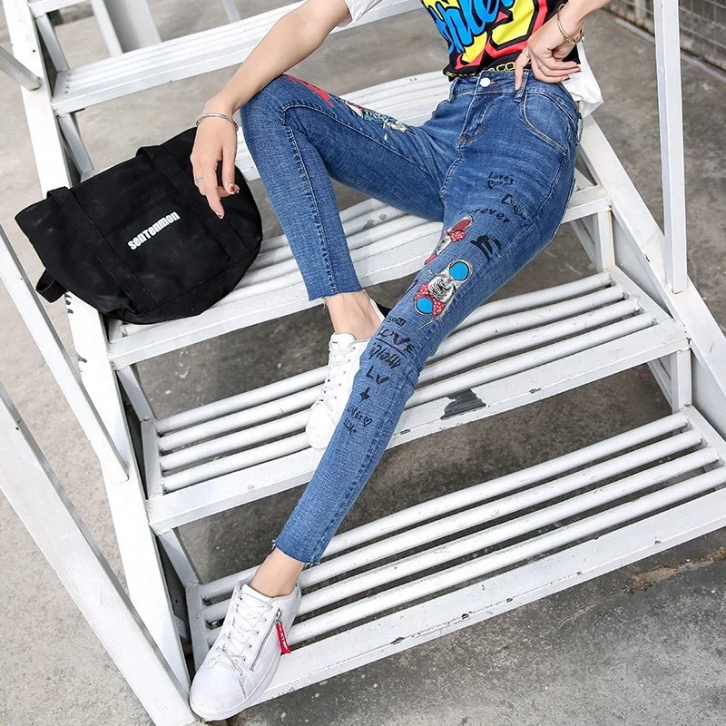 Skinny Women Ankle Length Jeans Korean Style Spring Autumn Distressed Elastic Light Blue Printed Denim Pants Female Pencil Pants