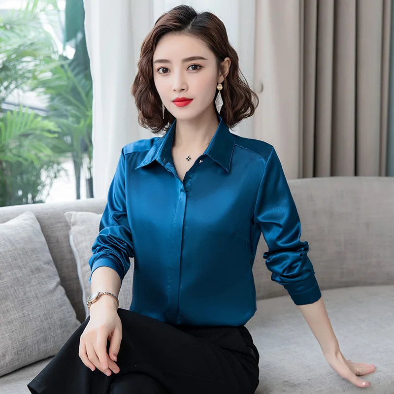 Elegant Office Ladies Work Shirt Women Blouse Long Sleeve Lapel Hidden Buttons Bright Basic Satin Silk Women Shirt Female Tops