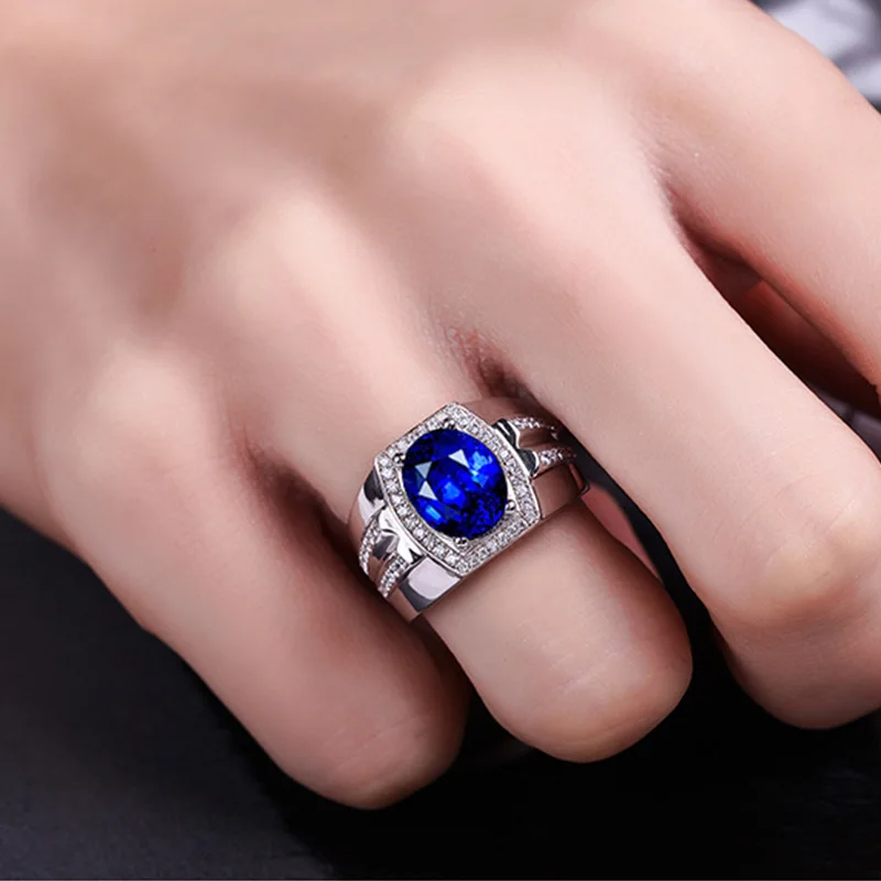 Fashion Simple Four Claw Oval Crystal Ring Aggressive Men Inlay Blue Zircon Ring Trend Men's Nightclub Party Jewelry Accessories