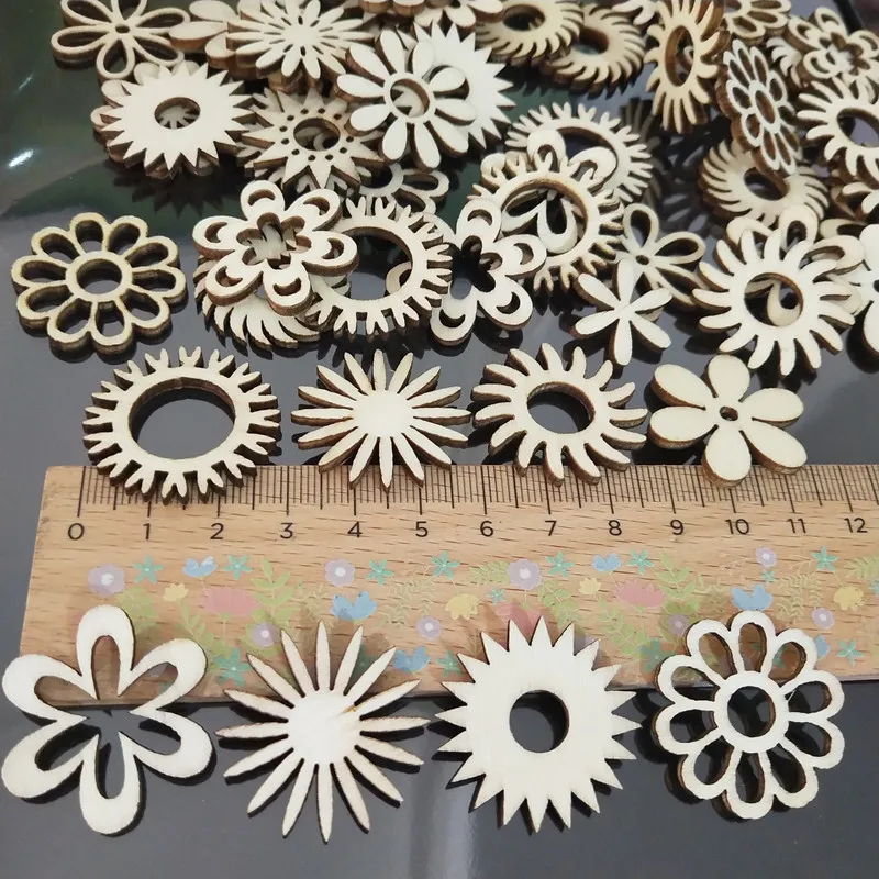 50pcs Wooden Embellishments Flower Butterfly Shape Cutouts DIY Scrapbooking Crafts Wooden Crown Pieces Discs Wood Slice Ornament