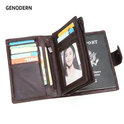 GENODERN Genuine Leather Men's Passport Cover Wallet Large Capacity Passport Holder Coin Purse Men Organizer Wallets Card Holder